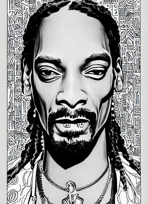Prompt: snoop dogg portrait, cyberpunk 2 0 2 0 manual, by steampoweredmikej, inktober, ink drawing, black and white, coloring pages, manga, highly detailed