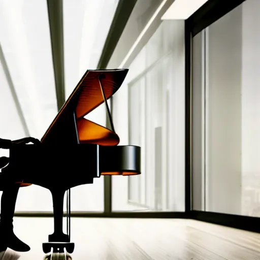 Image similar to a cyborg playing the piano in a futuristic apartment, award winning art, 4k, highly detailed, sharp focus, cinematic lighting, smooth