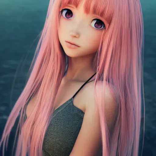 Image similar to Render of a beautiful 3d anime woman, long pink hair, full bangs, hazel eyes, cute freckles, full round face, soft smile, cute sundress, golden hour, serene beach setting, medium shot, mid-shot, hyperdetailed, trending on Artstation, Unreal Engine 4k