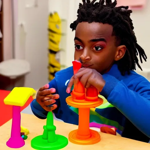 Prompt: playboi carti playing with playdoh, intensely focused