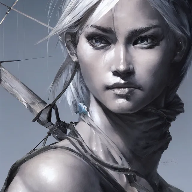 Prompt: a beautiful painting of a female archer with grey skin and a frost bow by Yoji Shinkawa, Drow Ranger, Dota, heavy line work, chiaroscuro lighting, beautiful and cool. Trending on ArtStation