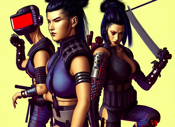 Image similar to cyberpunk samurai team. cyberpunk katana. portrait by stonehouse and mœbius and will eisner and gil elvgren and pixar. character design. realistic proportions. cyberpunk 2 0 7 7 character art, blade runner 2 0 4 9 concept art. cel shading. attractive face. thick lines. the team. diverse characters. artstationhq.