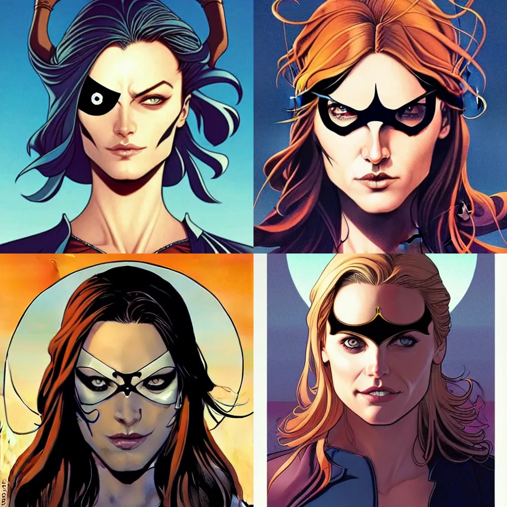 Prompt: Rafeal Albuquerque comic art, Joshua Middleton comic art, pretty female Phoebe Tonkin, pirate, eye patch over one eye, evil smile, symmetrical face, symmetrical eyes, pirate clothing, long wavy blonde hair, full body:: sunny weather::