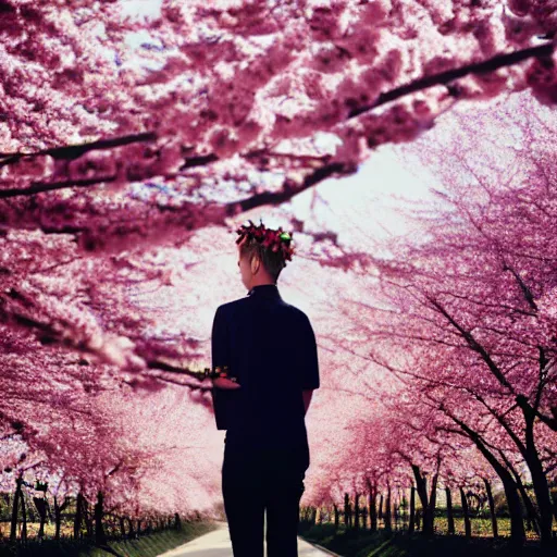 Prompt: kodak portra 4 0 0 photograph of a skinny blonde guy standing in field of cherry blossom trees, back view, flower crown, moody lighting, telephoto, 9 0 s vibe, blurry background, vaporwave colors, faded!,