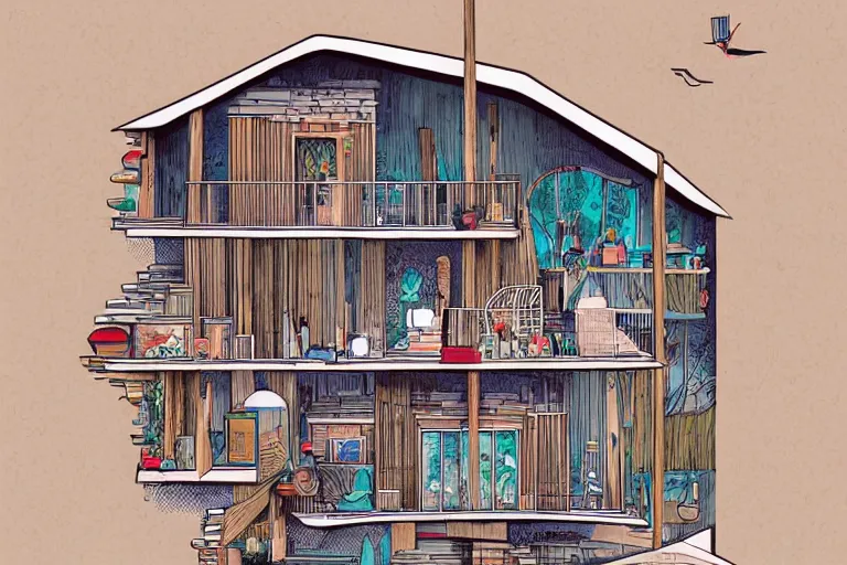 Prompt: a beautiful flat 2 dimensional illustration of a cross section of a house, a storybook illustration by muti and tim biskup, colorful, minimalism, featured on dribble, unique architecture, behance hd, storybook illustration, dynamic composition