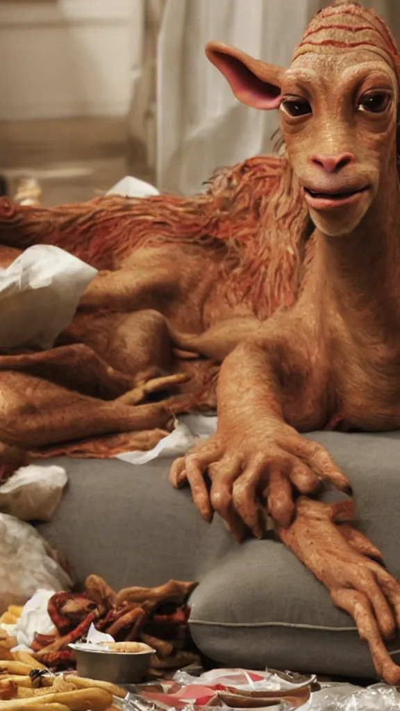 Image similar to jar jar binks lounging on his sofa in a dimly lit room, with fast food packaging strewn all over the floor