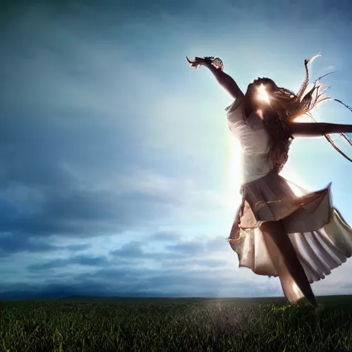 Image similar to absolutely stunning beautiful virgin dancing in summer field in dramatic lighting then dramatic shadows, dramatic details, dramatic zoom, dramatic lenses, dramatic f/x, dramatic everything, trendind everywhere, dramatic award winning dramatic digital art