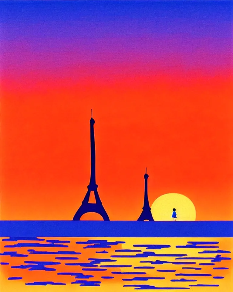 Image similar to gorgeous romantic sunset, cliffside onlooking the beautiful city of paris, warm colors, in the style of hiroshi nagai, very detailed, 8 0 s