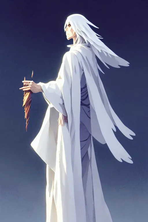 Image similar to raven headed warlock doing magic spells wind, white robes, finely detailed perfect face, exquisite details, mid view, design on a white background, by studio muti, greg rutkowski makoto shinkai takashi takeuchi studio ghibli