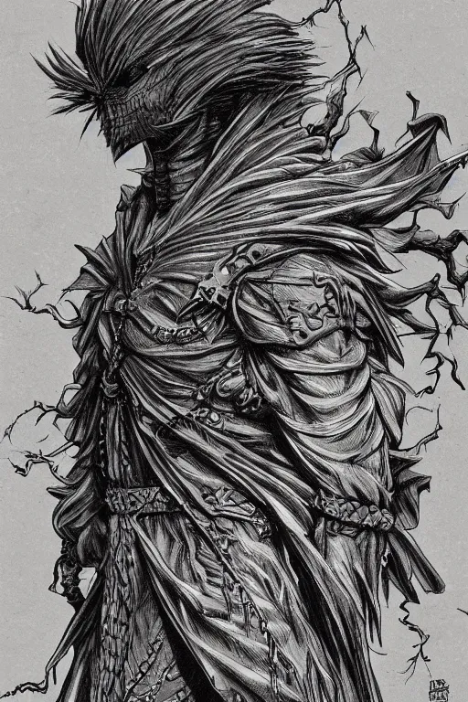 Prompt: raven, human figure, highly detailed, digital art, sharp focus, trending on art station, kentaro miura manga art style