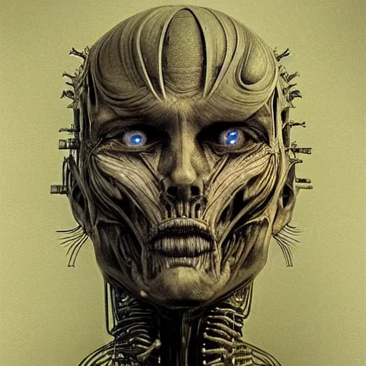 Prompt: surreal portrait of a man by Greg Rutkowski and H.R Giger, symmetrical face, biomechanical transhuman god, disturbing, terrifying but fascinating, with a determined and sinister expression on his face, cosmic void background, frightening, fascinating, highly detailed portrait, digital painting, book cover, artstation, concept art, smooth, sharp foccus ilustration, Artstation HQ