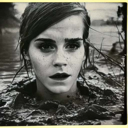 Image similar to film still, close up, emma watson rising out of muddy vietnam river, face covered in mud, combat helmet, low camera angle at water level, night time, film still from apocalypse now ( 1 9 7 9 ), 2 6 mm polaroid polaroid polaroid polaroid polaroid expired expired expired,