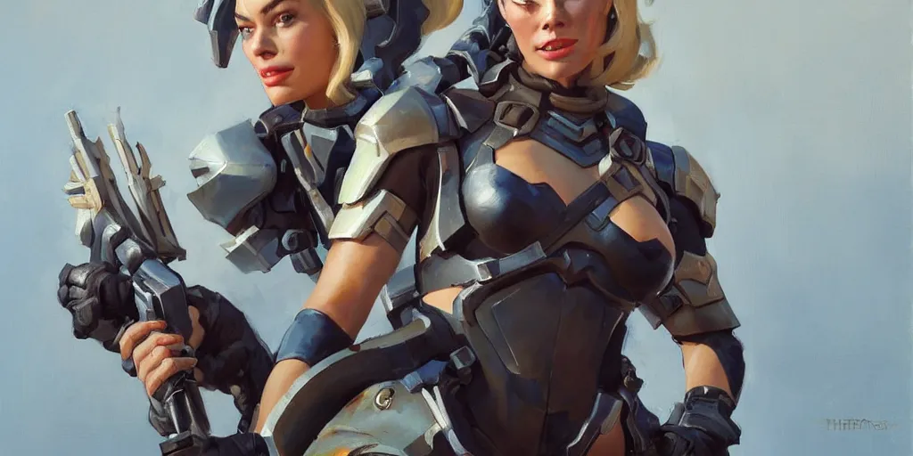 Image similar to greg manchess portrait painting of fully armored and armed margot robbie as overwatch character, close - up shot, asymmetrical, profile picture, organic painting, sunny day, matte painting, bold shapes, hard edges, street art, trending on artstation, by huang guangjian and gil elvgren and sachin teng