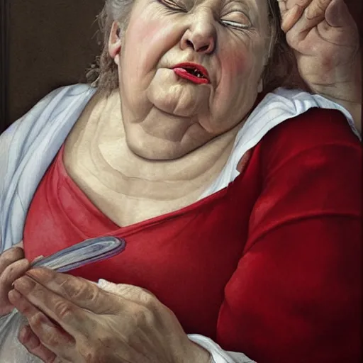 Image similar to a very funny stylize oil painting in renaissance style of a sweet fat old woman kissing her reflection. symmetry face, red mouth, blue eyes. flowery dress. hyper realistic scene. 3 d, octane render, deep focus, white scene. very funny and sweet image. unreal engine. watercolor. fellini style. pencil drawing style.