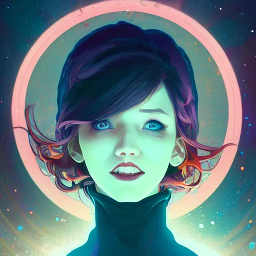 Image similar to gazing into the gorgeous face of infinity, laughing at the absurdity of it all, ambient lighting, 4 k, lois van baarle, ilya kuvshinov, rossdraws, alphonse mucha, jung gi kim, artstation