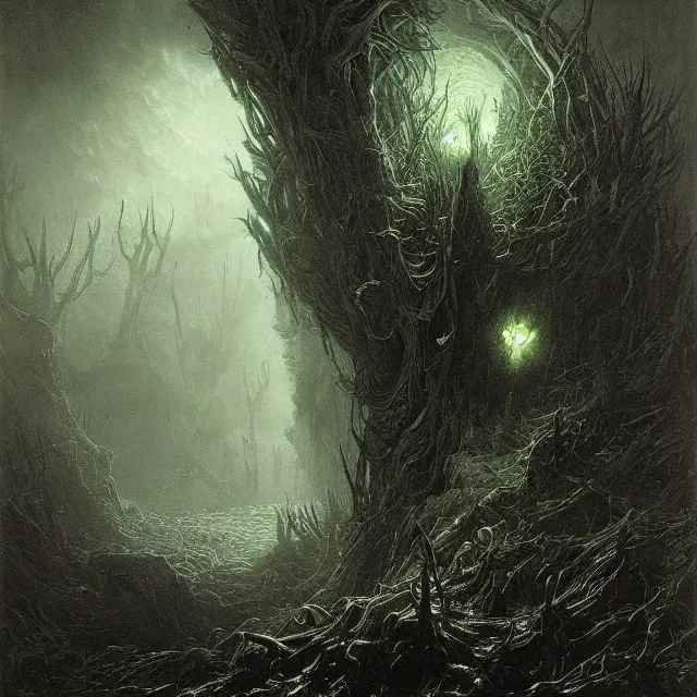 Prompt: green spiny spiked horror gustave dore greg rutkowski