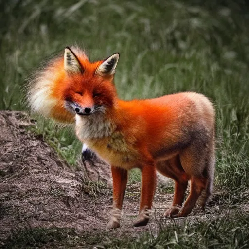 Prompt: A hamburger fox chimera. Nature photography.