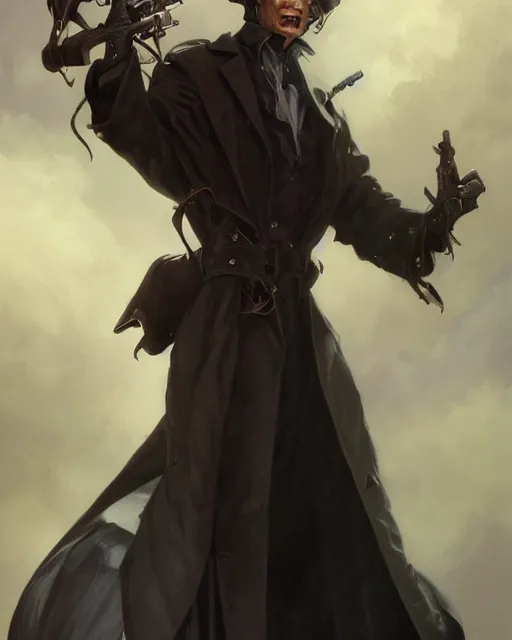 Image similar to detailed beautiful character portrait, chirs evans, wearing oversized black trench coat, ultra realistic, wide angle, dramatic lighting, v highly detailed by peter mohrbacher, hajime sorayama, wayne barlowe, boris vallejo, aaron horkey, gaston bussiere, craig mullins