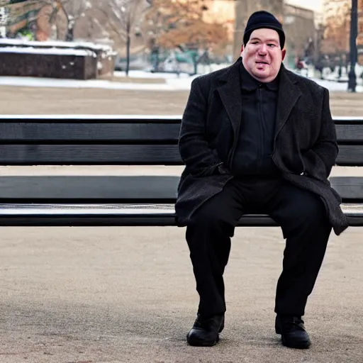 Image similar to Kevin Malone wearing a black beanie hat and black wool overcoat sitting on a park bench during the winter