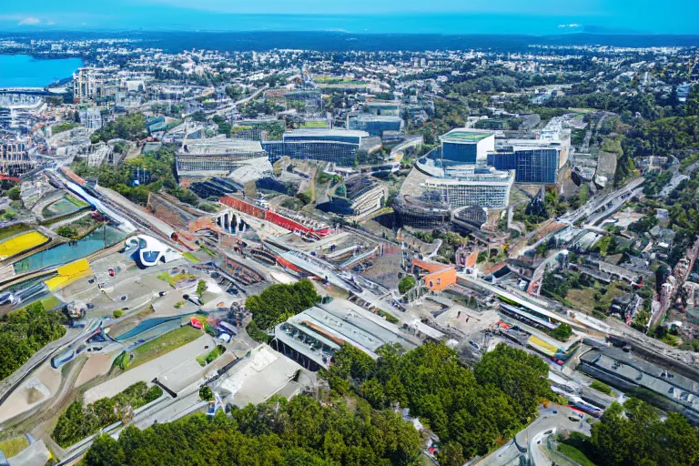 Image similar to bird's eye view photography of a small city. town hall, central farm, monorail station, beach and shipping dock. hills, woods and lake to the north.