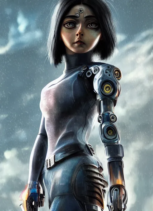 Image similar to Alita Battle Angel, digital painting, cyberpunk, aesthetic, faded, full body portrait, hyper realistic render, 8k