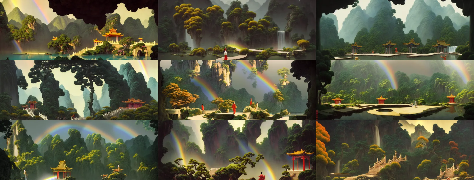 Image similar to a gorgeous landscape painting by barlowe wayne, maxfield parrish and marco mazzoni. chinese temple. rainbow, rainy mood!! sunny morning. a lonely chinese wuxia walks on the winding stone steps, stone gate to the dark cave, 3 d, octane render, turbulent lake, waterfall, fog, 8 k.