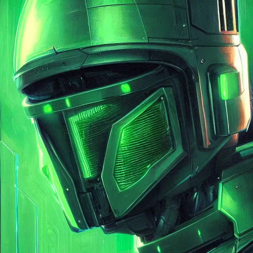 Image similar to robot with glowing green visor as a realistic scifi cyberpunk knight, closeup portrait art by donato giancola and greg rutkowski, realistic face, digital art, trending on artstation, symmetry!!!