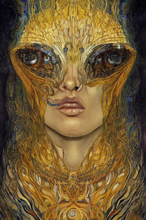 Prompt: Metamorphosis by Karol Bak, Jean Deville, Gustav Klimt, and Vincent Van Gogh, transformational chimera portrait, visionary, cicada wings, otherworldly, fractal structures, ornate gilded medieval icon, third eye, chrysalis, spirals, horizontal symmetry