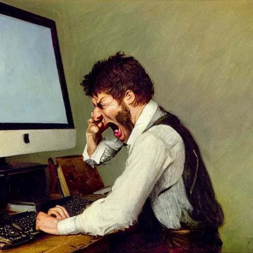 Image similar to an angry man yells at his computer monitor, oil on canvas, 1 8 8 3, highly detailed, high resolution