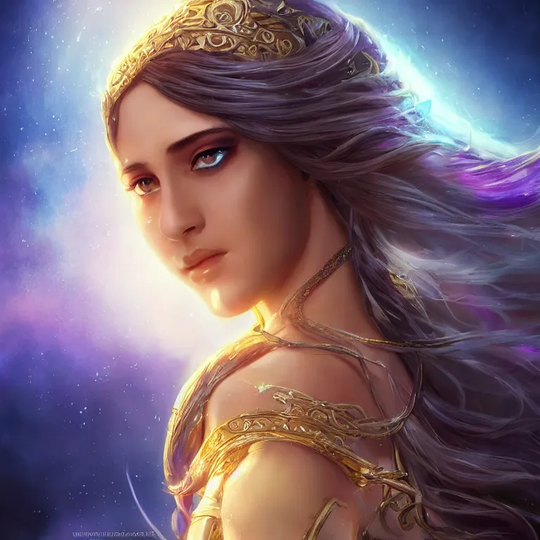 Image similar to beautiful cinematic fantasy poster, a beautiful middle-eastern princess wearing a beautiful dress with flowing illuminated hair, beautiful glowing galaxy eyes, wideshot ultrawide angle epic scale, hybrid from The Elden Ring and art direction by Darius Zawadzki ;by artgerm; wayne reynolds art station; cinematic quality character render; low angle; ultra high quality model; production quality cinema model;