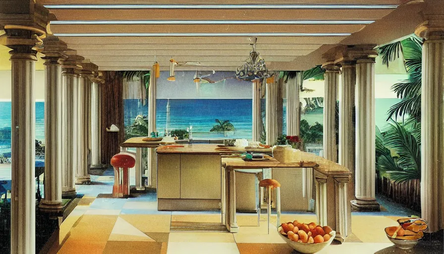 Image similar to A 1985 magazine architecture photo of a kitchen, mediterranean balustrade and columns, refracted lines and sparkles, thunderstorm outside, beach and Tropical vegetation on the background major arcana sky and occult symbols, kitchen by paul delaroche, hyperrealistic 8k uhd, award-winning, 1985