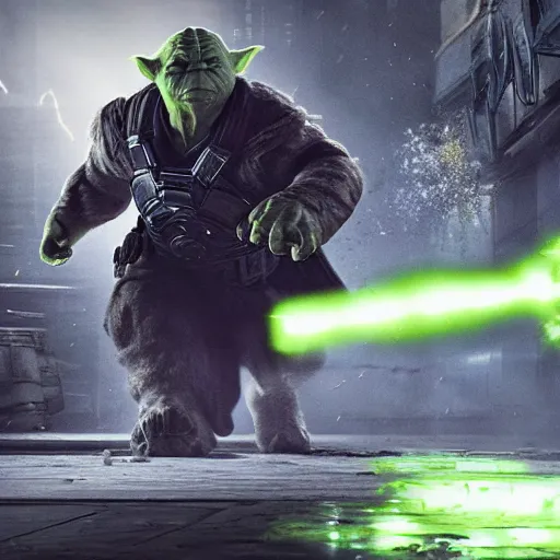 Image similar to yoda as the hulk the hulk in gears of war, splash art, movie still, cinematic lighting, dramatic, octane render, long lens, shallow depth of field, bokeh, anamorphic lens flare, 8 k, hyper detailed, 3 5 mm film grain