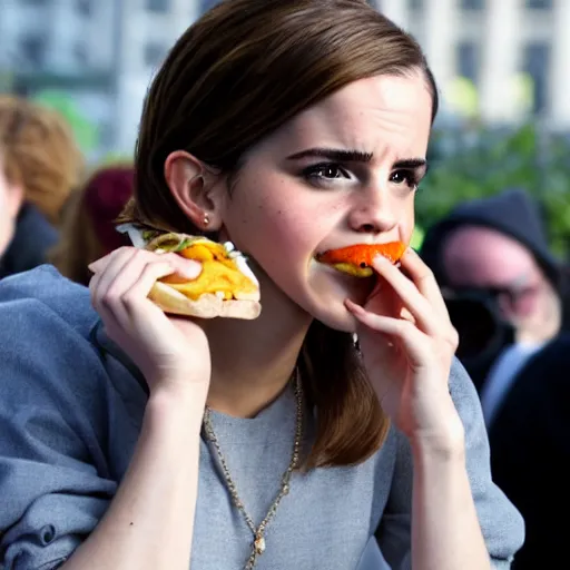 Image similar to Emma Watson eating a cheeseburger, photo realistic, award-winning, highly-detailed, epic, cinematic, dramatic