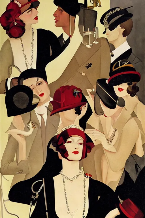 Image similar to a painting depicting Jazz Age high society people, 1920s style, smooth, highly detailed, high contrast, Coles Phillips, Dean Cornwell, JC Leyendecker, 8K