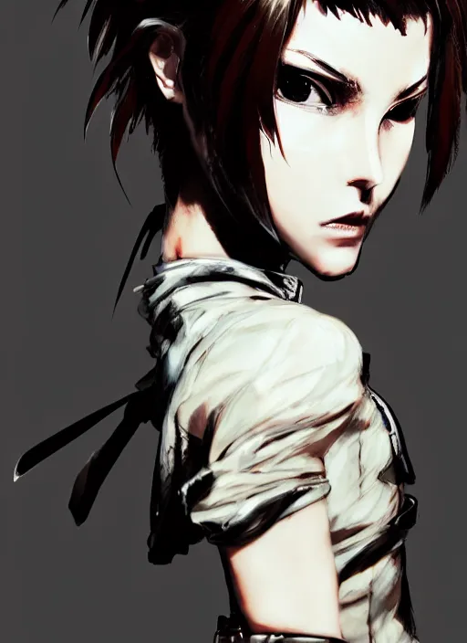 Prompt: Half body portrait of young woman with short hair, eyepatch, white shirt, ornate leather jacket. In style of Yoji Shinkawa and Hyung-tae Kim, trending on ArtStation, dark fantasy, great composition, concept art, highly detailed, dynamic pose.