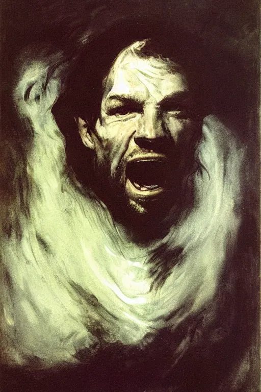 Image similar to menacing portrait of aphex twin emerging from the dark void, figure in the darkness, painted by Eugène Delacroix, John Singer Sargent, Adrian Ghenie, Francis Bacon,