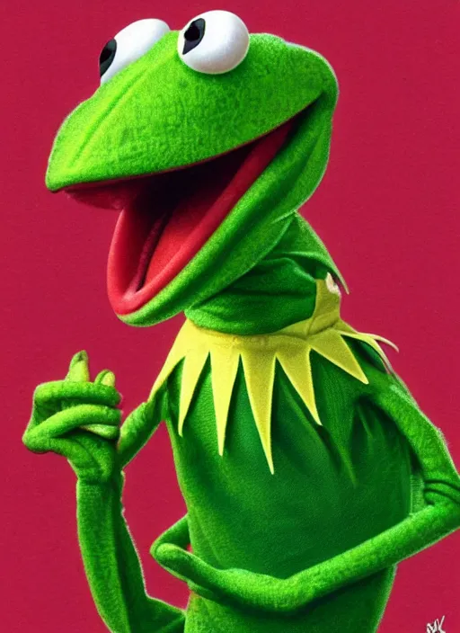 Prompt: portrait of a Deliriously happy and screaming Kermit the frog in Society (1989), highly detailed, centered, solid color background, digital painting, artstation, concept art, smooth, sharp focus, illustration, artgerm, donato giancola, Joseph Christian Leyendecker, Les Edwards, Ed Repka, WLOP, Artgerm