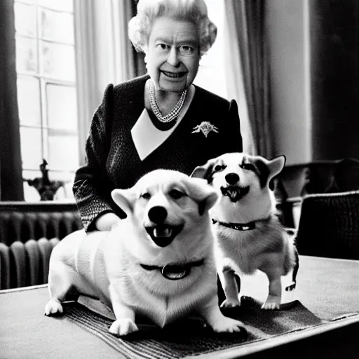 Prompt: tabloid photo of queen elizabeth having gin martinis with her corgis who are also having gin martinis, the corgis are wearing sweaters, royal palace interior, natural sunlight, soft focus, highly detailed, depth of field