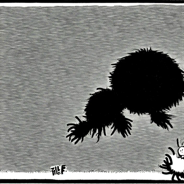 Image similar to a still frame from comic strip, black fluffy hairy furry spider on a clean background 1 9 5 0, herluf bidstrup, new yorker illustration, monochrome contrast bw, lineart, manga, tadanori yokoo, simplified,