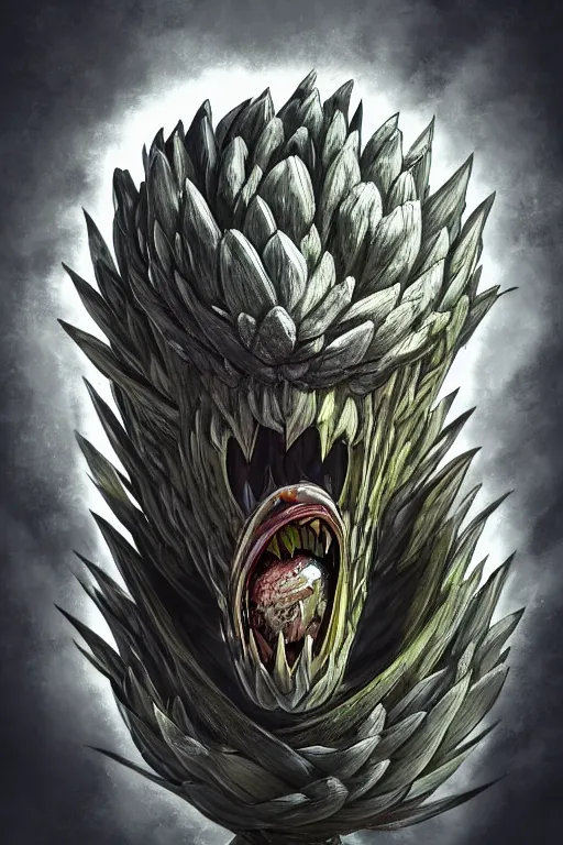 Prompt: a humanoid figure artichoke monster with large sphere eyes and a voracious mouth, highly detailed, digital art, sharp focus, trending on art station, plant, anime art style