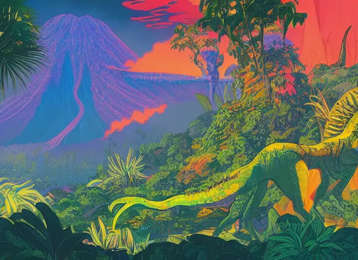 Image similar to psychedelic art of dinosaurs and volcanoes, jungle landscape, detailed, cel shaded, by makoto shinkai and moebius and anton fadeev and james gurney