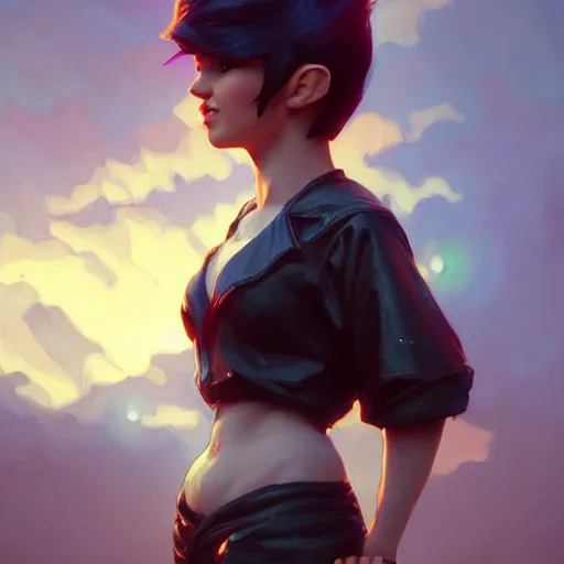 Image similar to a Photorealistic dramatic hyperrealistic gnome woman, pixie undercut black hair, naval background, by WLOP,Artgerm,Greg Rutkowski,Alphonse Mucha, Beautiful dynamic dramatic bright sunset lighting,shadows,cinematic atmosphere,Artstation,concept design art,Octane render,8k