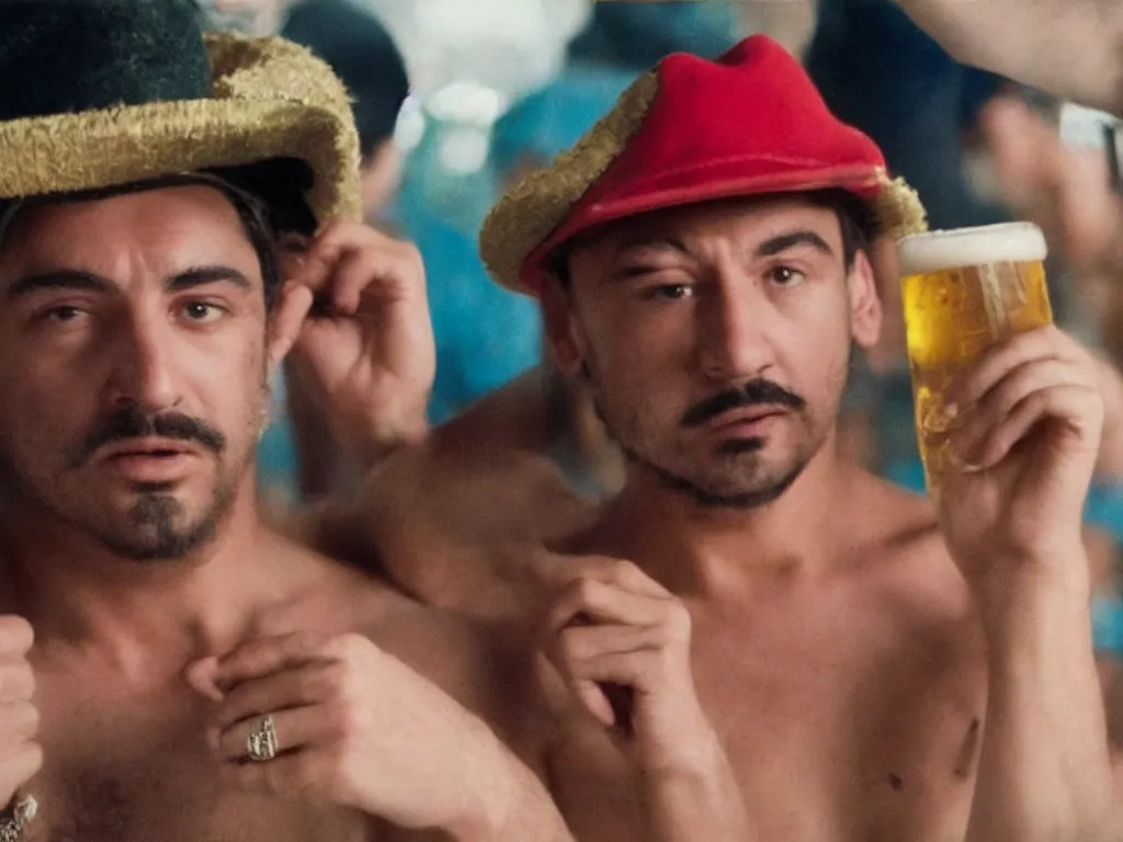 Prompt: Close up of Mario with a beer in a hat in Harmony Korine Spring Breakers film aesthetic!!! photorealistic