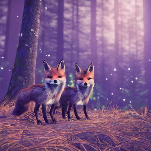 Image similar to second life in game screenshot of black foxes cuddling next to each other in a beautiful fantasy forest lit with fireflies, 3 d render, octane engine, unreal engine 4, 4 k screenshot