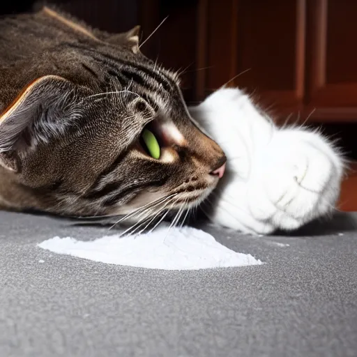 Image similar to cat snorting a line of cocaine, award winning image, 8k, highly detailed