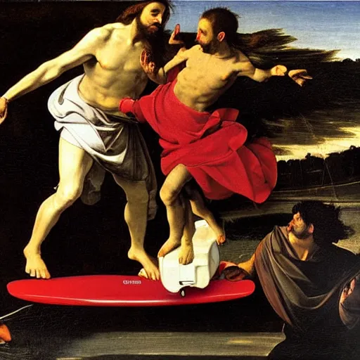 Prompt: Jesus Christ riding a hoverboard across water ,Caravaggio