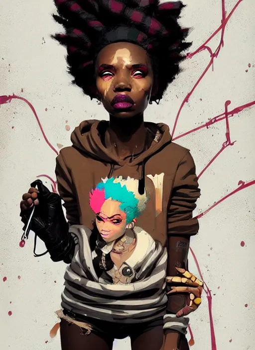 Image similar to highly detailed portrait of a sewer punk african lady, tartan hoody, white afro hair by atey ghailan, by greg rutkowski, by greg tocchini, by james gilleard, by joe fenton, by kaethe butcher, gradient peach, brown, blonde cream and white color scheme, grunge aesthetic!!! ( ( graffiti tag wall background ) )