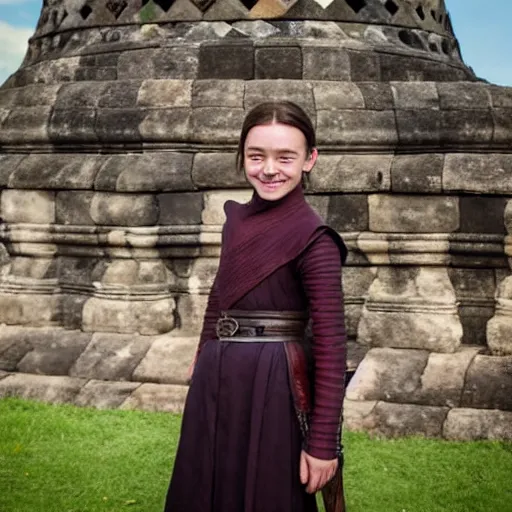 Prompt: elegant smiling happy arya stark, 1 4 years old, photograph 3 5 mm, shot from game of thrones, at borobudur, artstation