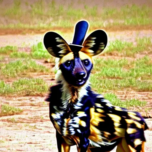 Prompt: A photo of the world's greatest showman: the african wild dog dressed in a hat!