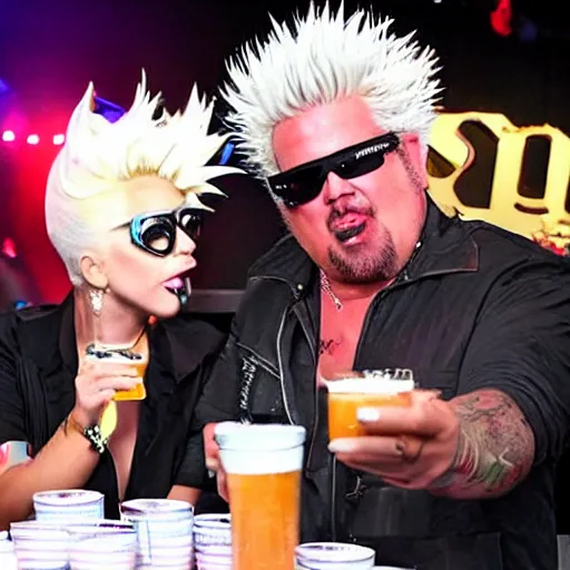 Image similar to a mix of lady gaga and guy fieri playing beer pong on stage